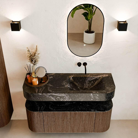 MONDIAZ THOR-DLUX 120cm meuble de salle de bains arrondi gauche + droite couleur Walnut avec 1 tiroir et 2 portes. Vasque suspendue CLOUD droite sans trou de robinet couleur Lava. SW1463218