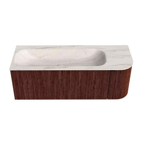MONDIAZ KURVE-DLUX Meuble de salle de bains 125cm arrondi à droite couleur Ruby avec 1 tiroir et 1 porte. Lavabo BIG MEDIUM à gauche sans trou de robinet Meli. SW1432049