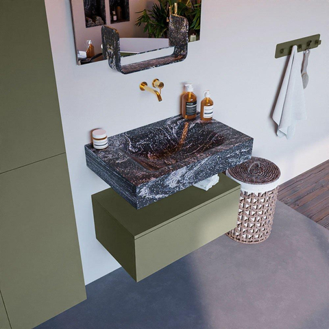 Mondiaz ALAN-DLUX Ensemble de meuble - 70cm - meuble Army mat - 1 tiroir - Lavabo Cloud Lava suspendu - vasque Centre - 0 trous de robinet SW808552
