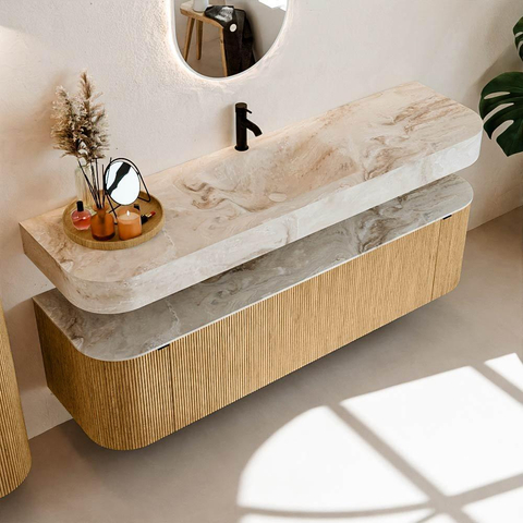 MONDIAZ THOR-DLUX 170cm badmeubel ronding links + rechts kleur Oak met 1 lade en 2 deuren. Vrijhangende wastafel CLOUD Midden 1 kraangat kleur Frappe. SW1465417