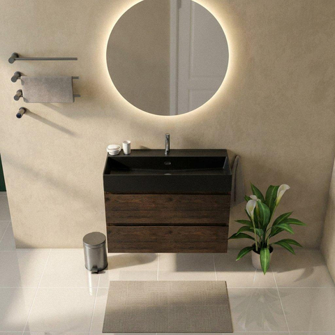 Saniclass Holz Pure Badkamermeubelset - 100x45x72cm - Legend keramische wastafel mat zwart - 1 wasbak - 1 kraangat - 2 lades - mat eiken charcoal (hout) SW1580186