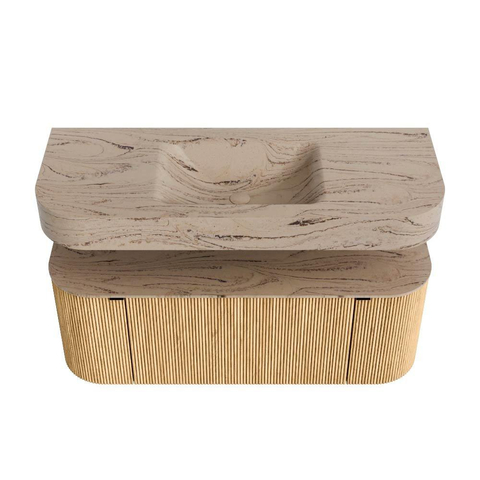 MONDIAZ THOR-DLUX 120cm badmeubel ronding links + rechts kleur Oak met 1 lade en 2 deuren. Vrijhangende wastafel CLOUD Midden zonder kraangat kleur Arena. SW1463412