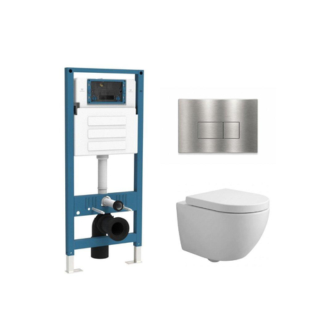 QeramiQ Dely Swirl Compact Toiletset - inbouwreservoir QeramiQ flush - 25mm zitting - metalen bedieningsplaat RVS - rechthoekige knoppen - mat wit SW1590809