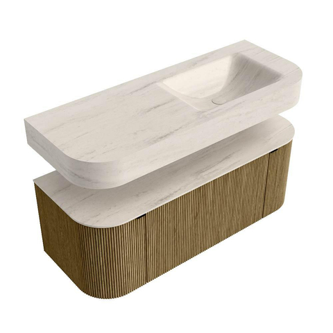 MONDIAZ THOR-DLUX 120cm meuble de salle de bains arrondi gauche + droite couleur Dusk avec 1 tiroir et 2 portes. Vasque suspendue CLOUD Droite sans trou de robinet couleur Meli. SW1463333