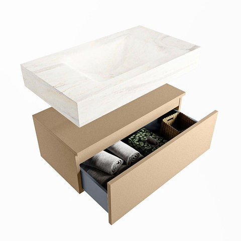 Mondiaz ALAN-DLUX Ensemble de meuble - 80cm - meuble Oro mat - 1 tiroir - Lavabo Cloud Ostra suspendu - vasque Centre - 1 trou de robinet SW807531