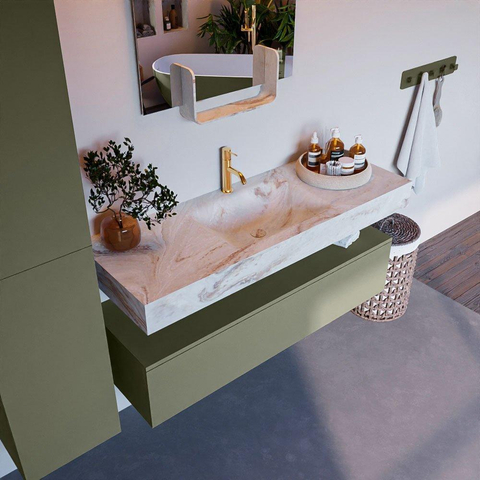 Mondiaz ALAN-DLUX Ensemble de meuble - 130cm - meuble Army mat - 1 tiroir - Lavabo Cloud Frappe suspendu - vasque Centre - 1 trou de robinet SW805535