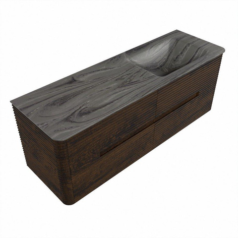 Mondiaz CIRO-DLUX Meuble de salle de bains avec miroir - 140x45x50cm - lavabo solid surface Sombra - 1 vasque à droite - sans trous de robinet - 4 tiroirs - Noyer SW1530746