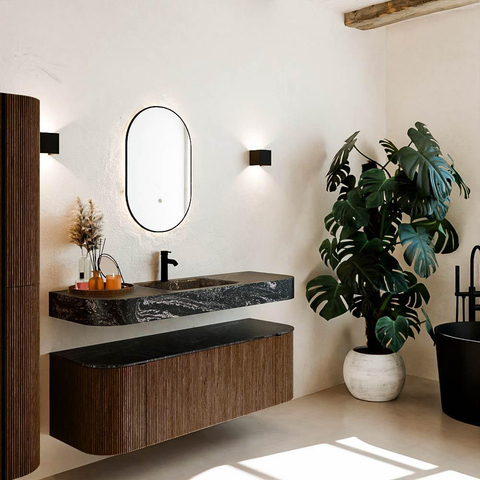 MONDIAZ THOR-DLUX 140cm meuble de salle de bains arrondi gauche + droite couleur Walnut avec 1 tiroir et 2 portes. Vasque suspendue CLOUD Milieu 1 trou de robinet couleur Lava. SW1463948