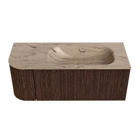 MONDIAZ KURVE-DLUX Meuble de salle de bains 115cm arrondi à gauche couleur Walnut avec 1 tiroir et 1 porte. Lavabo BIG SMALL à droite sans trou de robinet Arena. SW1431204