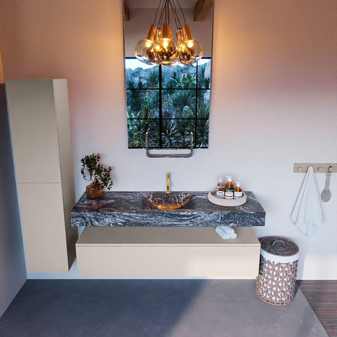 Mondiaz ALAN-DLUX Ensemble de meuble - 150cm - meuble Linen mat - 1 tiroir - Lavabo Cloud Lava suspendu - vasque Centre - 1 trou de robinet SW808375
