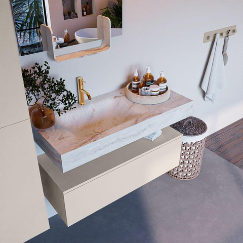 Mondiaz ALAN-DLUX Ensemble de meuble - 100cm - meuble Linen mat - 1 tiroir - Lavabo Cloud Frappe suspendu - vasque Gauche - 1 trou de robinet SW805545