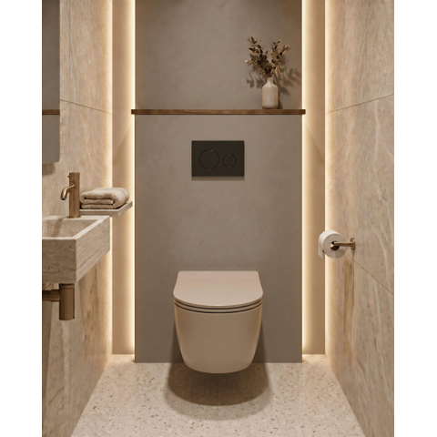 QeramiQ Dely Swirl Toiletset - 36.3x51.7cm - Geberit UP720 Duofix Sigma inbouwreservoir - slim zitting - mat zwarte metalen bedieningsplaat - ronde knoppen - beige SW1416828