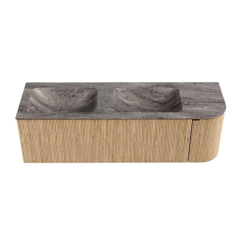 MONDIAZ KURVE-DLUX 145cm badmeubel ronding Rechts kleur Oak met 1 lade en 1 deur. Wastafel LEAF Dubbel / Links 2 kraangaten Oza. SW1432676