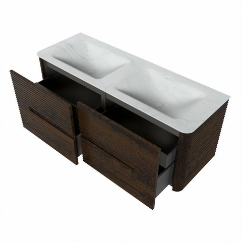 Mondiaz CIRO-DLUX Badkamermeubelset - 130x45x50cm - Solid surface wastafel Opalo - 2 wasbak Dubbel - 2 kraangaten - 4 lades - Walnut SW1530515