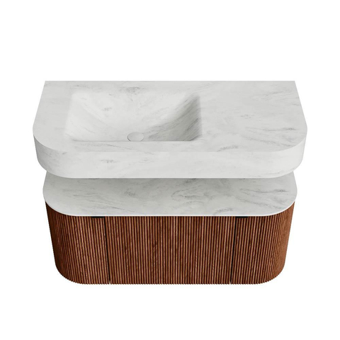 MONDIAZ THOR-DLUX 100cm meuble de salle de bains arrondi gauche + droite couleur Ruby avec 1 tiroir et 2 portes. Vasque suspendue CLOUD Gauche 1 trou de robinet couleur Opalo. SW1467427