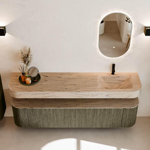 MONDIAZ THOR-DLUX Meuble de salle de bains 190cm arrondi gauche + droite couleur Shadow avec 2 tiroirs et 2 portes. Vasque suspendue CLOUD Droite 1 trou de robinet couleur Arena. SW1466608