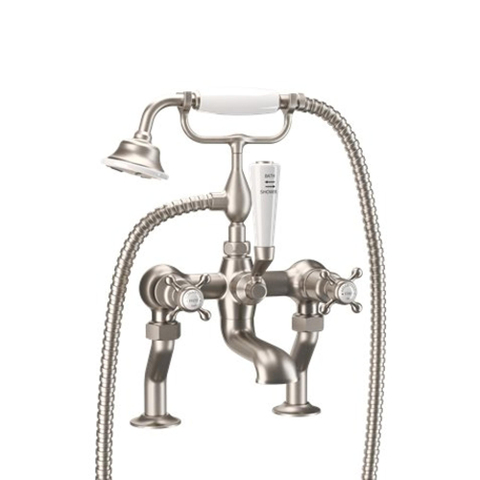 Crosswater Belgravia Badkraan - staand - 2 gats - handoucheset - kruisgreep geborsteld - nikkel (RVS) SW1176806