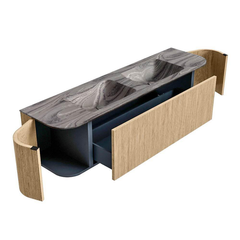 MONDIAZ KURVE-DLUX 170cm badmeubel ronding Links + Rechts kleur Oak met 1 lade en 2 deuren. Wastafel LEAF Dubbel 2 kraangaten Sombra. SW1433601