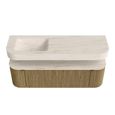 MONDIAZ THOR-DLUX 150cm meuble de salle de bains arrondi gauche + droite couleur Dusk avec 1 tiroir et 2 portes. Vasque suspendue CLOUD Gauche 1 trou de robinet couleur Meli. SW1464760