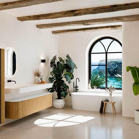 MONDIAZ THOR Meuble de salle de bains 190cm arrondi gauche + droite couleur Oak avec 2 tiroirs et 2 portes. Vasque suspendue CLOUD Gauche sans trou de robinet couleur Talc. SW1466351