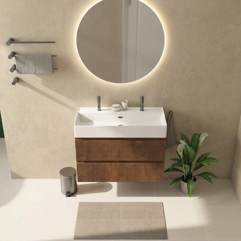 Saniclass Holz Atelier Ensemble meuble de salle de bains - 100x45x72cm - Plan vasque Legend en céramique blanc - 1 vasque - 2 trous de robinetterie - 2 tiroirs - noyer pure mat (bois) SW1478498