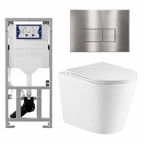 QeramiQ Dely Toiletset - 36.3x51.7cm - diepspoel - rimless - Geberit UP320 inbouwreservoir - met Burda frame - softclose toiletzitting - steel bedieningsplaat - rechtehoekige knoppen - glans wit SW804656