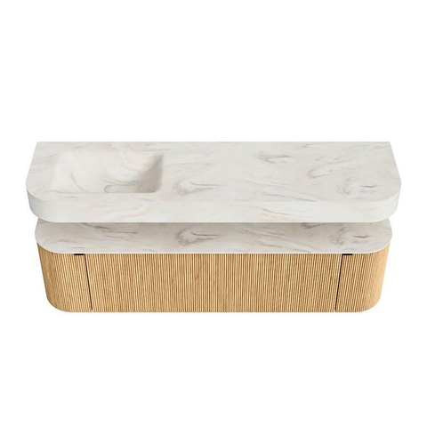 MONDIAZ THOR-DLUX 170cm badmeubel ronding links + rechts kleur Oak met 1 lade en 2 deuren. Vrijhangende wastafel CLOUD Links 1 kraangat kleur Ostra. SW1465650