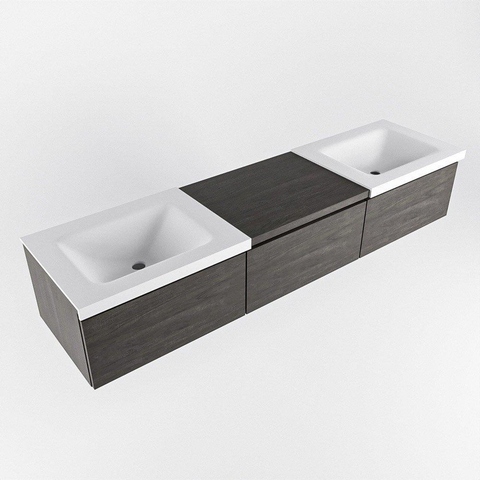MONDIAZ BUKLA meuble de salle de bain 180 cm avec module 60 couleur Marron Foncé avec 3 tiroirs. Lavabo CLOUD double 2 trous de robinet couleur Talc. SW1382356