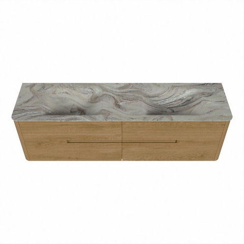 Mondiaz CIRO-DLUX Meuble de salle de bains - 170x45x50cm - Plan-vasque Solid surface Glace - 2 vasques Double - sans trous de robinet - 4 tiroirs - Chêne SW1533781