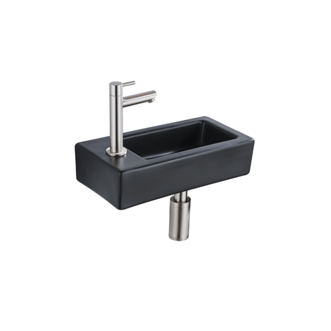 QeramiQ Fuente fonteinset – 37.5x18.5x9 cm – keramiek zwart mat – kraangat links – kraan geborsteld RVS SW1232747