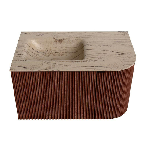 MONDIAZ KURVE-DLUX Meuble de salle de bains 75cm arrondi à droite couleur Ruby avec 1 tiroir et 1 porte. Lavabo GRUNNE à gauche 1 trou de robinet Arena. SW1431458