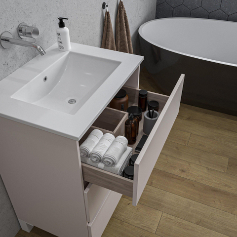 Saniclass Chaci PLUS Meuble de salle de bain - 60x86x46cm - lavabo en céramique blanc - 1 vasque - sans trous de robinet - 3 tiroirs - miroir rectangulaire - mat cotton (beige) SW1182420