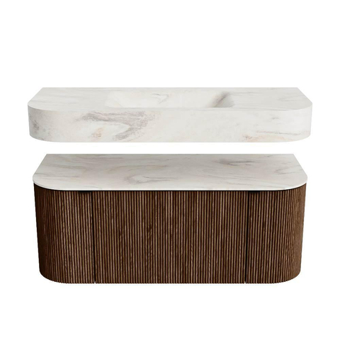 MONDIAZ THOR-DLUX 110cm badmeubel ronding links + rechts kleur Walnut met 1 lade en 2 deuren. Vrijhangende wastafel CLOUD Midden 1 kraangat kleur Ostra. SW1462781