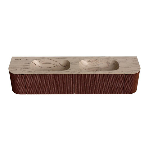 MONDIAZ KURVE-DLUX Meuble de salle de bains 200cm courbure Gauche + Droite couleur Ruby avec 2 tiroirs et 2 portes. Lavabo STOR SMALL Double sans trou de robinet Arena. SW1431547