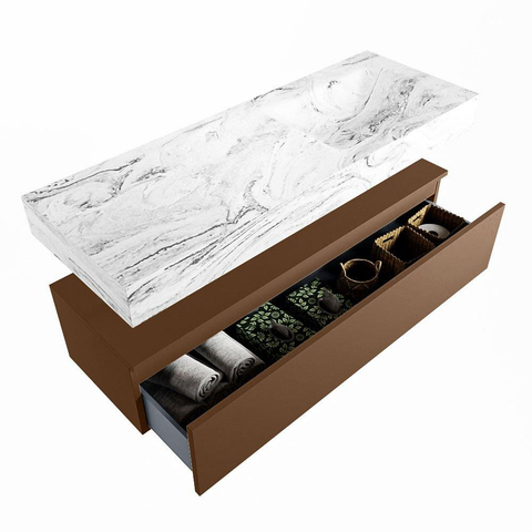 Mondiaz ALAN-DLUX Ensemble de meuble - 130cm - meuble Rust mat - 1 tiroir - Lavabo Cloud Glace suspendu - vasque Droite - 1 trou de robinet SW805971