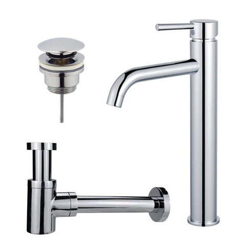 FortiFura Calvi Kit mitigeur lavabo - robinet rehaussé - bonde clic clac - siphon design bas - Chrome brillant SW891955