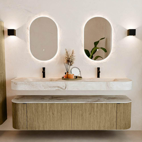 MONDIAZ THOR-DLUX 180cm meuble de salle de bains arrondi gauche + droite couleur Dusk avec 2 tiroirs et 2 portes. Vasque suspendue CLOUD Double 2 trous de robinet couleur Frappe. SW1465980