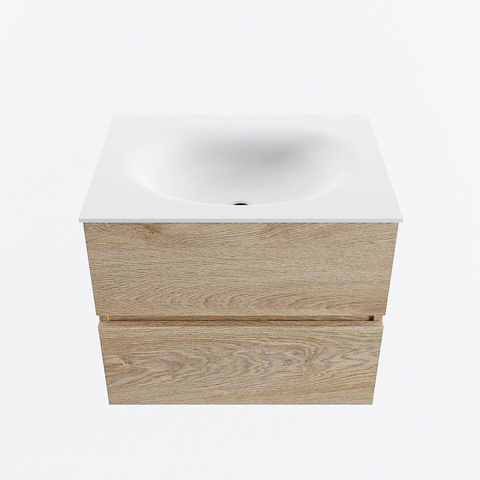 MONDIAZ VICA meuble sous lavabo 60cm Chêne blanchi 2 tiroirs. Lavabo MOON central sans trou de robinet, couleur Talc. SW1381814