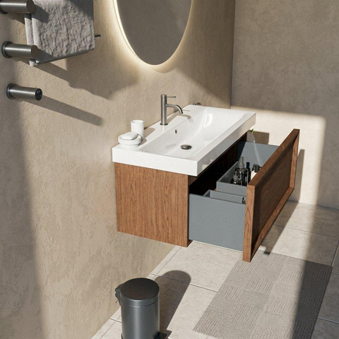 Saniclass Holz Frame Badkamermeubelset - 100x45x47.5cm - Wave keramische wastafel - 1 wasbak - 1 kraangat - 1 lade - mat walnut pure (hout) SW1479046