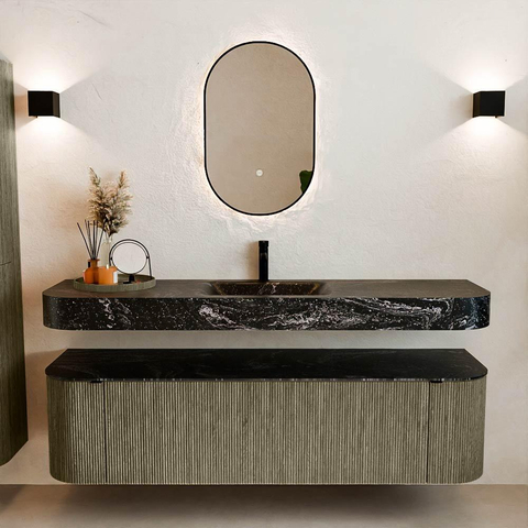 MONDIAZ THOR-DLUX 170cm meuble de salle de bains arrondi gauche + droite couleur Shadow avec 1 tiroir et 2 portes. Vasque suspendue CLOUD Milieu 1 trou de robinet couleur Lava. SW1465516