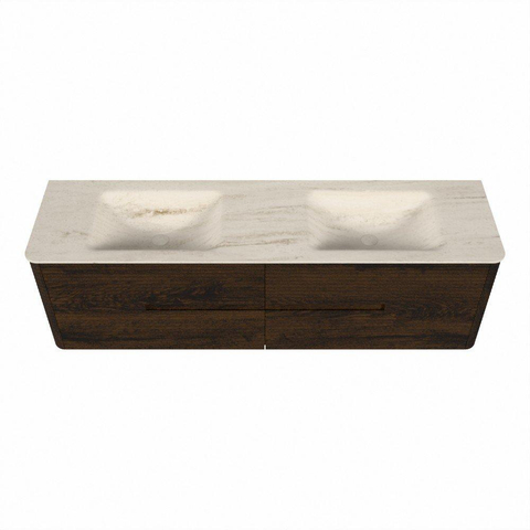 Mondiaz CIRO-DLUX Badkamermeubelset - 170x45x50cm - Solid surface wastafel Meli - 2 wasbak Dubbel - 2 kraangaten - 4 lades - Walnut SW1530526