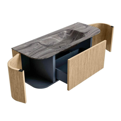 MONDIAZ KURVE-DLUX Meuble de salle de bains 120cm arrondi Gauche + Droite couleur Oak avec 1 tiroir et 2 portes. Vasque BIG SMALL Milieu sans trou de robinet Sombra. SW1433543