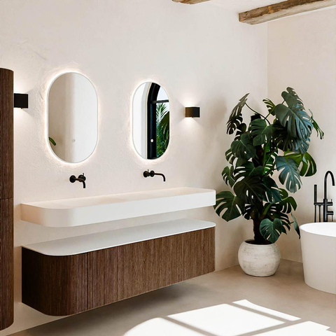 MONDIAZ THOR 170cm meuble de salle de bains arrondi gauche + droite couleur Walnut avec 1 tiroir et 2 portes. Vasque suspendue CLOUD Double sans trou de robinet couleur Talc. SW1467687