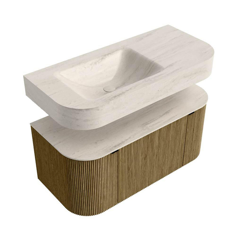 MONDIAZ THOR-DLUX Meuble de salle de bains 100cm arrondi gauche + droite couleur Dusk avec 1 tiroir et 2 portes. Vasque suspendue CLOUD Gauche 1 trou de robinet couleur Meli. SW1467480