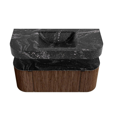 MONDIAZ THOR-DLUX 110cm meuble de salle de bains arrondi gauche + droite couleur Walnut avec 1 tiroir et 2 portes. Vasque suspendue CLOUD Milieu sans trou de robinet couleur Lava. SW1462754