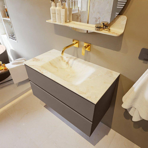 MONDIAZ VICA-DLUX Ensemble meuble de salle de bains - 90cm - sous-meuble smoke - 2 tiroirs - lavabo encastré cloud central - sans trous de robinet - version haute 60cm - frape SW1088861