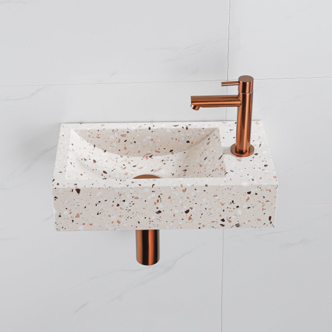 FugaFlow Eccelente Pietra Ensemble de fontaine - 40x22x10cm - trou de robinet à droite - robinet de fontaine en cuivre brossé PVD - bouchon de vidange - siphon abaissé - beige mat SW1468993