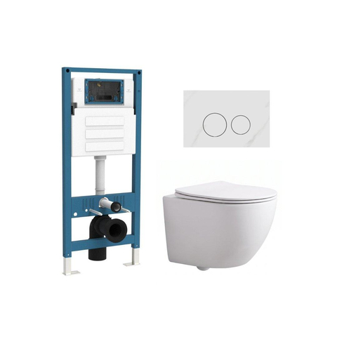 QeramiQ Dely Swirl Ensemble WC Compact - réservoir encastré QeramiQ flush - abattant fin - plaque de commande en marbre blanche - boutons ronds - blanc mat SW1590799