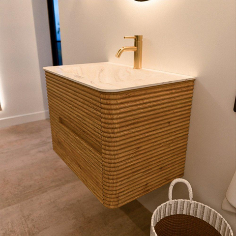 Mondiaz CIRO-DLUX Ensemble de meubles de salle de bains - 70x45x50cm - Plan vasque solid surface Ostra - 1 vasque centrale - 1 trou de robinetterie - 2 tiroirs - Chêne SW1531044