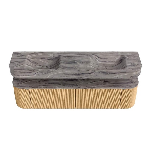 MONDIAZ THOR-DLUX 180cm meuble de salle de bains arrondi gauche + droite couleur Oak avec 2 tiroirs et 2 portes. Vasque suspendue CLOUD Double sans trou de robinet couleur Sombra. SW1466268